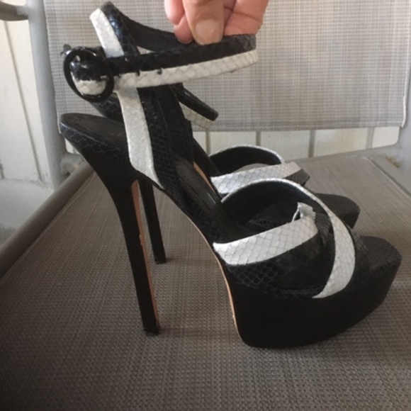 Alice + Olivia Shoes - ALICE + OLIVIA Black White Leather Snakeskin Ankle Strap Platform Heels